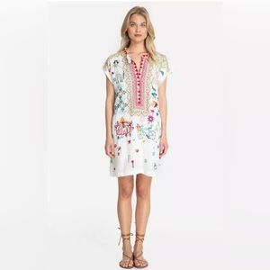 Johnny Was Dress MISHTI WHITE Linen Dress Embroidery Spring MEDIUM M SLIP dress